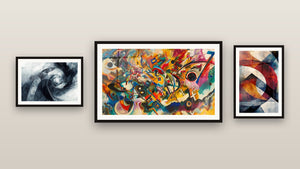 Gallery wall with three framed paintings: Circular geometric shapes, Nebula Grey and Abstract colored composition