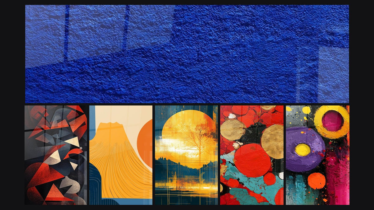 Mosaic of six paintings, including Blue abstract texture, Geometric Triangle Shapes and Golden Mountain in the Sun
