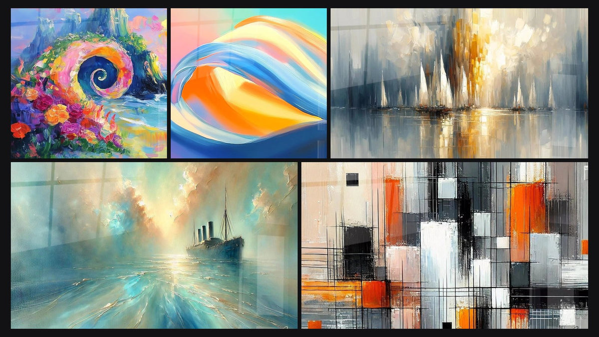 Mozaïek van vijf schilderijen, waaronder Abstracte golven, In het Hart van de Bries en Mechanisch Kleurenpalet