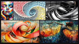 Mosaico de cinco cuadros, entre ellos Resplandor Vintage, Espiral de colores y Remolino metálico