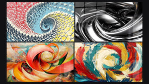 Mosaico de cuatro cuadros, entre ellos Espiral de colores, Remolino metálico y Espiral dinámico rojo naranja