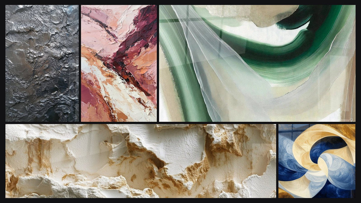 Mosaic of five paintings, including Textured Silver Metallic Abstract Relief and Eroded White Texture with Sculpted Reliefs