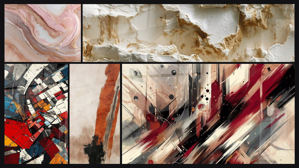 Mosaico de cinco cuadros, entre ellos Revolución Arquitectónica Moderna y Turbulencia Artística