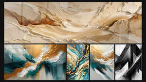 Mosaico de cinco cuadros, entre ellos Luz de las Profundidades, Laberinto Mineral y Crepúsculo de Elementos