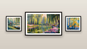 Pared de galería con tres cuadros enmarcados: Ventana Abierta Sobre Jardín Florido, Sauces lloronas y Jardín impresionista