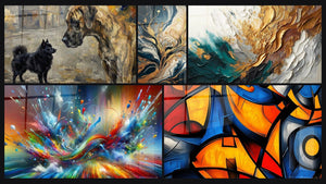 Mosaico de cinco cuadros, entre ellos Árboles Dorados Fluidos, Trazos en Oro y Jade y Abstracto Big Bang Explosivo