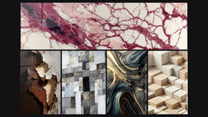 Mosaico de cinco cuadros, entre ellos Vetas púrpuras y crema sobre fondo crú y Mosaico Abstracto Gris y Blanco