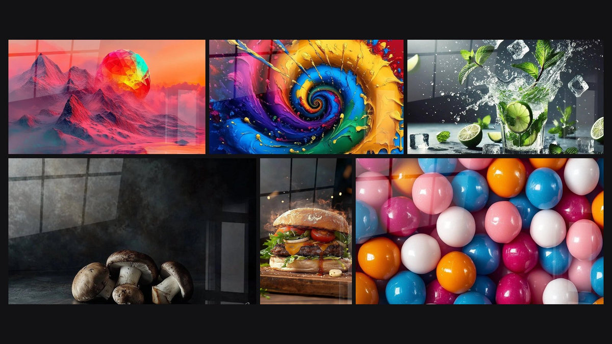 Mosaic of six paintings, including Futuristic mountain, Multicolor spiral and Mushroom Wall Art N°1