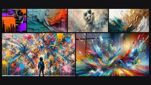 Mosaico de seis cuadros, entre ellos Mujer moderno y colorido, Capas geológicas de colores y Explosiones