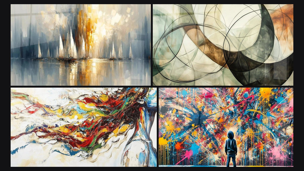 Mosaico di quattro quadri, tra cui Alba sulla Baia, Muse Moderna e I Legami Invisibili