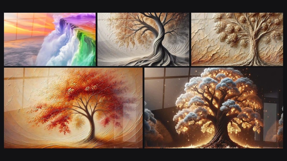Mosaïque de cinq tableaux, dont Cascade arc-en-ciel, Souffle de la Terre et Danse des Saisons