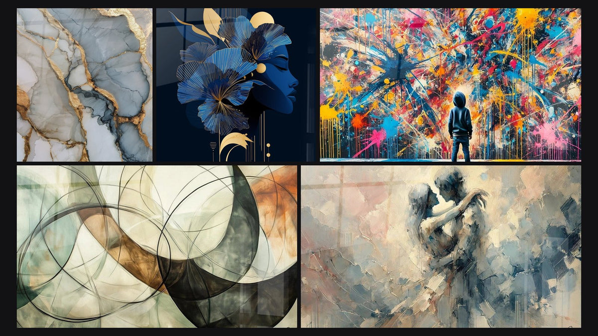 Mosaic of five paintings, including Deco Woman, The Invisible Bonds and Paint Bursts