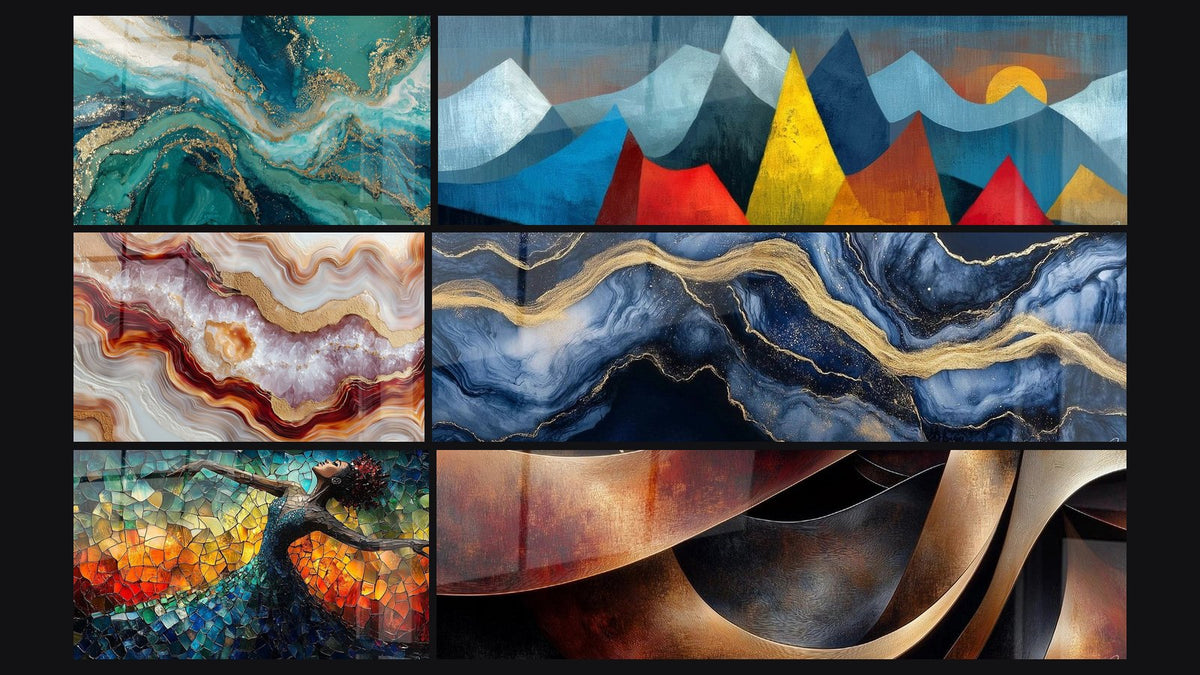 Mosaïque de six tableaux, dont Montagnes géométriques colorées, Danse Feu Libératrice Rouge et Marbre Liquide Éternité Bleu