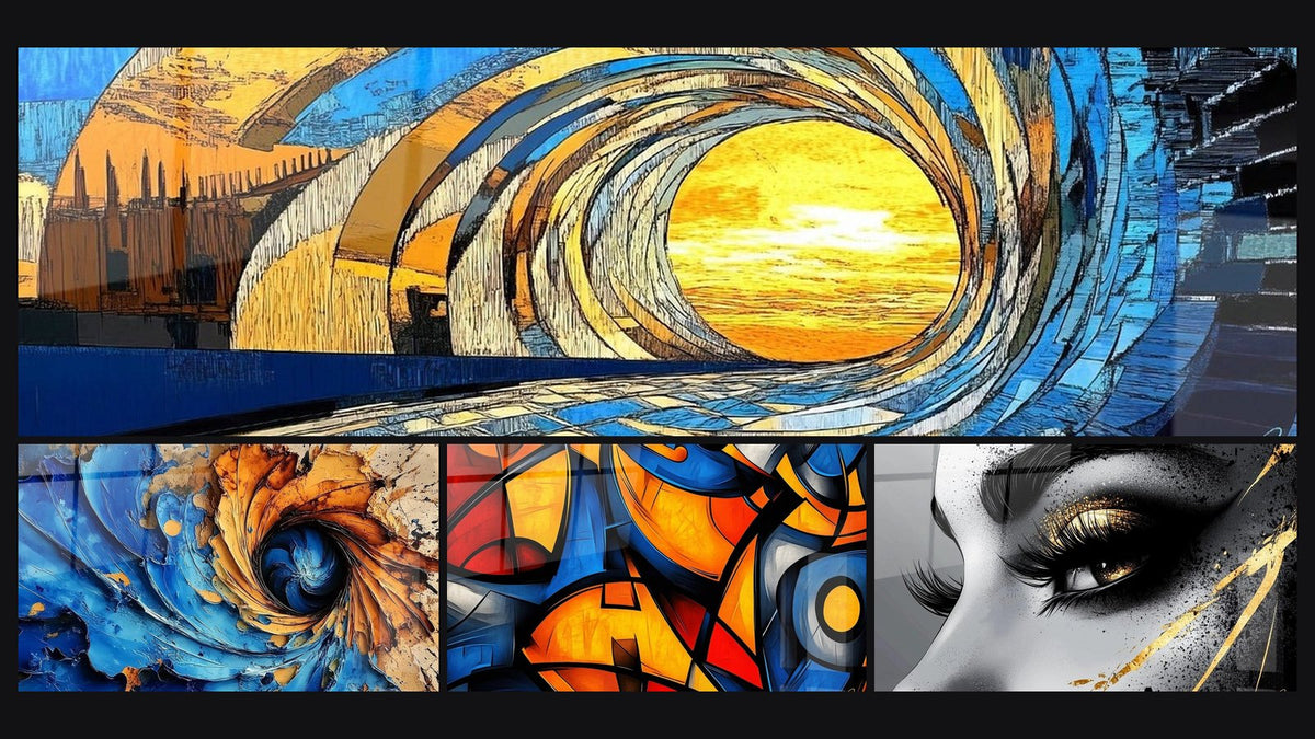 Mosaïque de quatre tableaux, dont Vague océanique spirale, Spirale cosmique bleue et dorée et Formes géométriques colorées