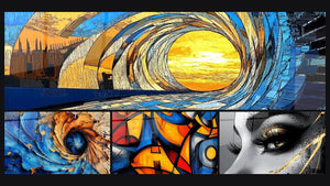 Mosaico de cuatro cuadros, entre ellos Ola oceánica espiral, Espiral cósmica azul y dorado y Formas geométricas coloridas