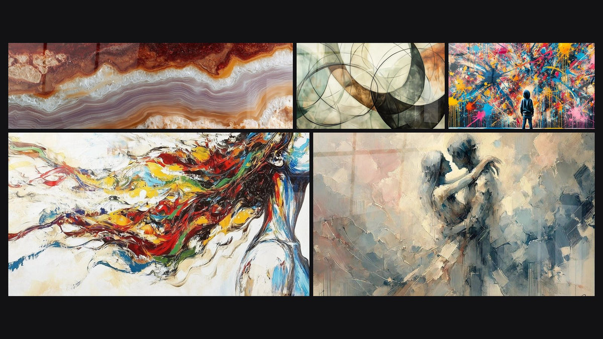 Mosaic of five paintings, including Modern Muse, The Invisible Bonds and Paint Bursts