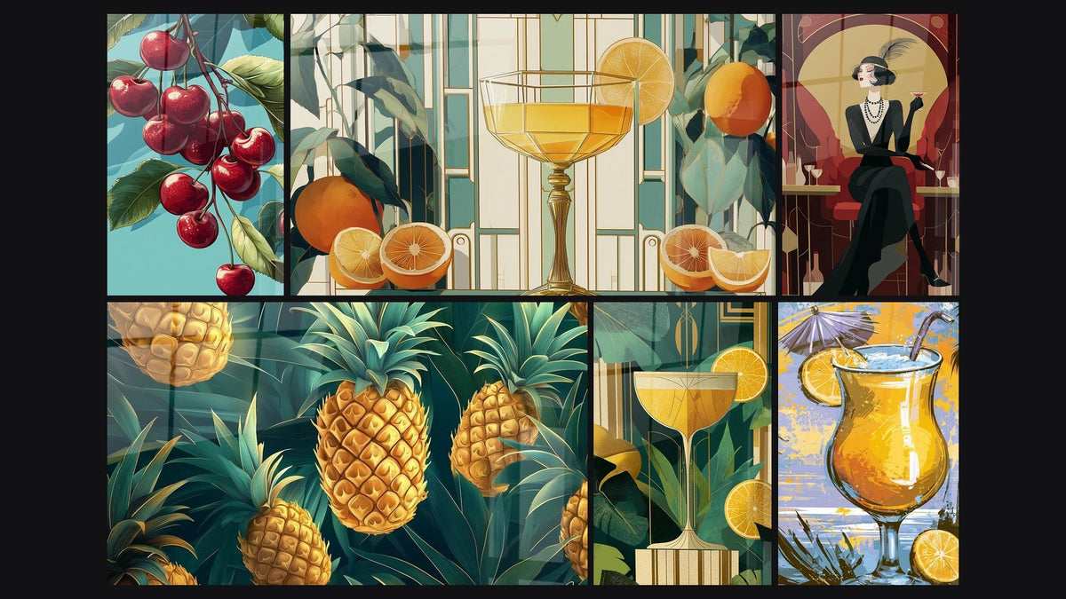 Mosaico de seis cuadros, entre ellos Cereza N°1, Piña N°2 y Naranjas y Cóctel