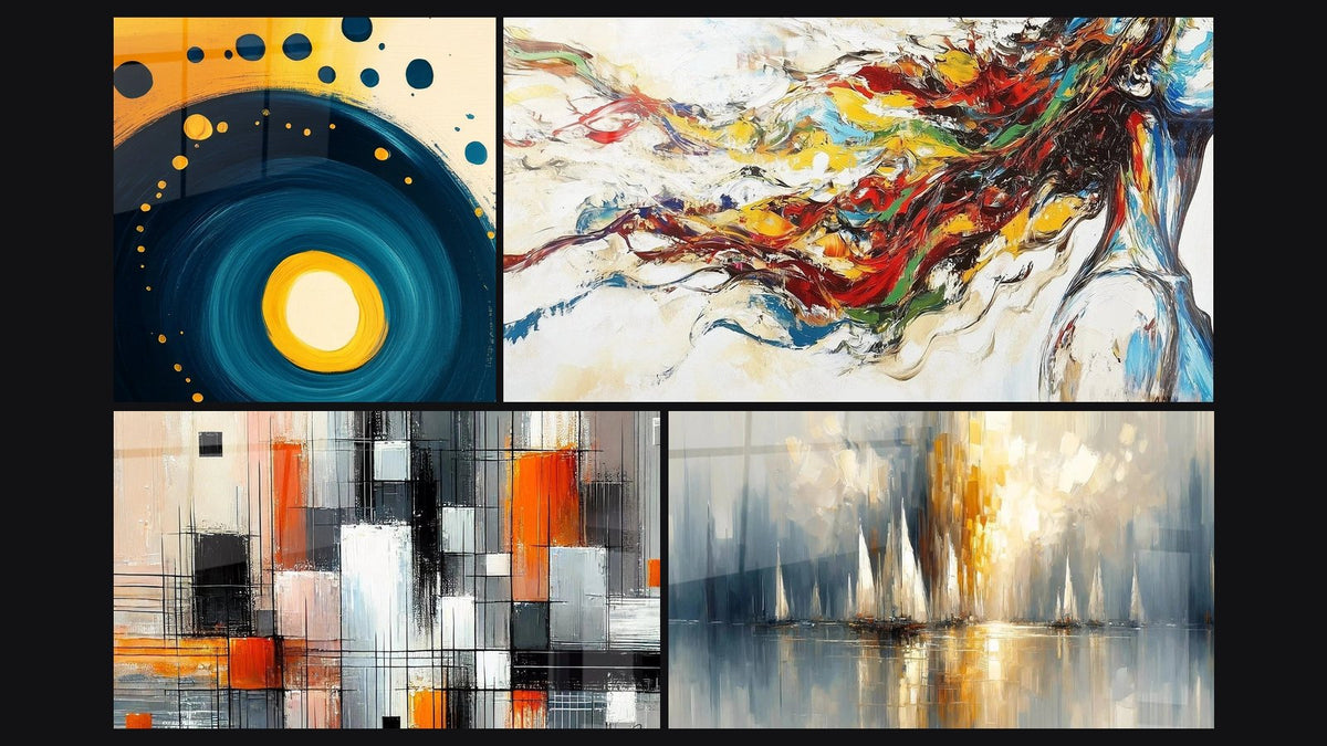 Mosaico di quattro quadri, tra cui A spirale cosmica blu e arancione, Meccanica dei Colori e Alba sulla Baia