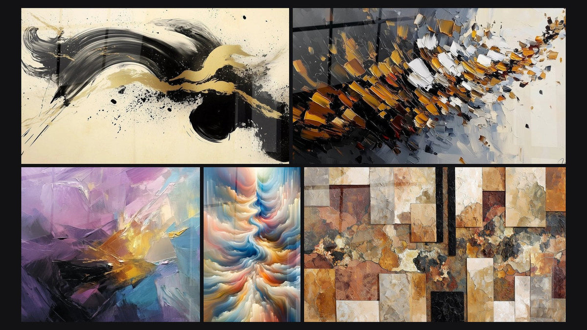 Mosaico di cinque quadri, tra cui Slancio Appassionato Nero e Esplosione di colori astratti di