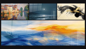 Mosaic of four paintings, including Venetian Canal, Nighttime Beach and Infinite Blue Meditation