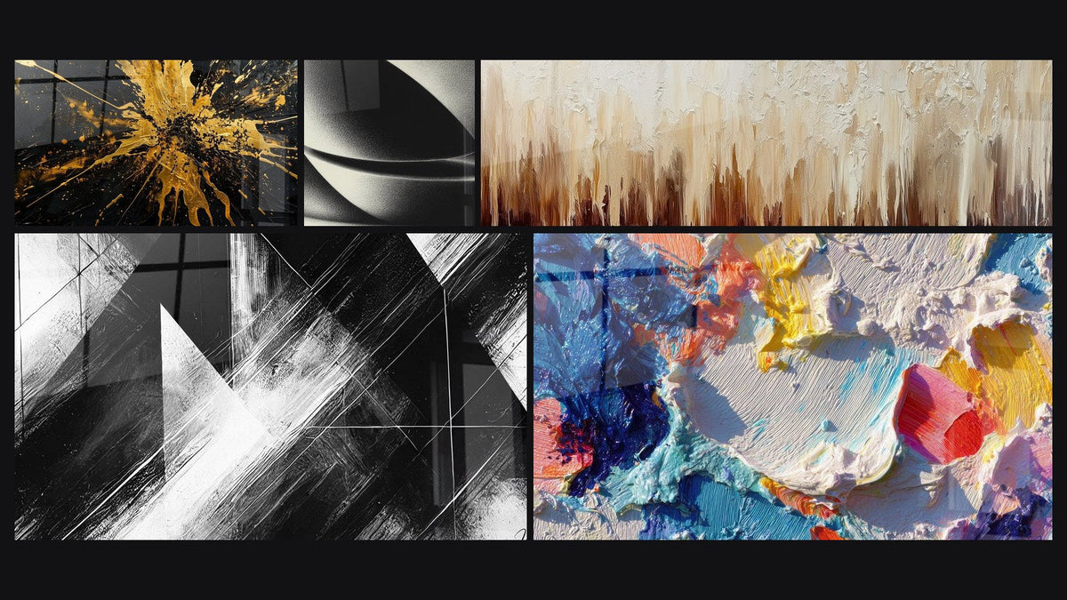 Mosaico de cinco cuadros, entre ellos Esfera abstracta y Puntos de Convergencia