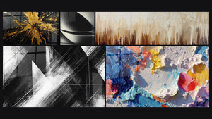 Mozaïek van vijf schilderijen, waaronder Abstracte bol en Convergentiepunten
