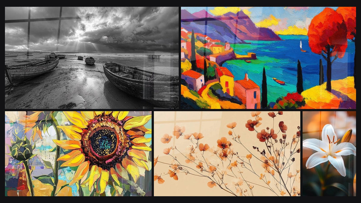 Mosaico di cinque quadri, tra cui Dei pescherecci arenati, Villaggio mediterraneo colorato e Girasole N°2