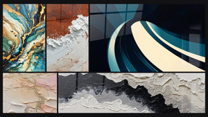 Mosaico de cinco cuadros, entre ellos Laberinto Mineral y Abstracta Tierra y Blanco Material Grueso