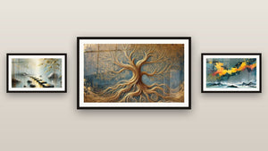 Galerijwand met drie ingelijste schilderijen, waaronder Het Gouden Pad en Wandschildering Eeuwige Levensboom