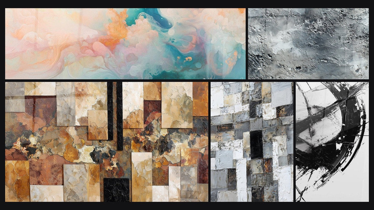 Mosaico de cinco cuadros, entre ellos Nubes Flotantes Rosado, Mosaico Abstracto Gris y Blanco y La Fractura del Tiempo