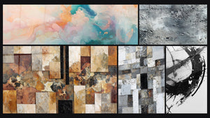Mosaico de cinco cuadros, entre ellos Nubes Flotantes Rosado, Mosaico Abstracto Gris y Blanco y La Fractura del Tiempo