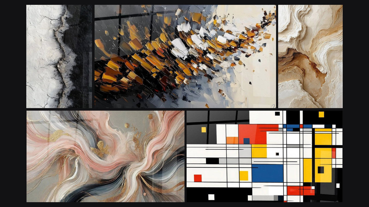Mosaico de cinco cuadros, entre ellos Flujos de Seda, Composición geométrica colorida y Explosión dinámica