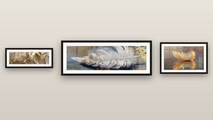 Galerijwand met drie ingelijste schilderijen, waaronder Gouden Veer in Panorama Beweging
