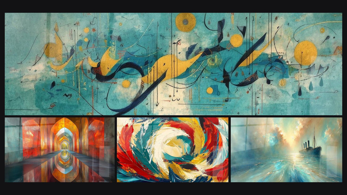 Mozaïek van vier schilderijen, waaronder Abstracte compositie, Glinsterende Gewelven Vermiljoen en Cosmische Metamorfose