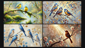Mosaico de cuatro cuadros, entre ellos Canto Matutino, Descanso de las Alas y Murmullos de Otoño