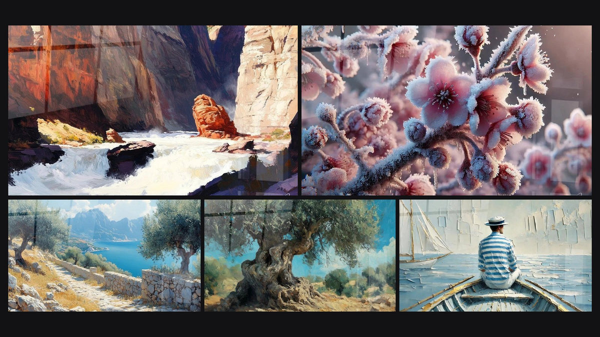 Mozaïek van vijf schilderijen, waaronder Bevroren Bloembladen, Olijfpad en De Kunst van Water