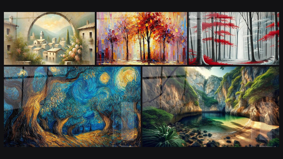 Mozaïek van vijf schilderijen, waaronder Landschap N°1, Kosmische boom en Herfstsymfonie