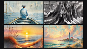 Mosaico de cuatro cuadros, entre ellos El Arte del Agua, Cuando el Día Duerme y A la Sombra de los Gigantes