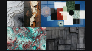 Mosaico de cinco cuadros, entre ellos Esencia de Granate y Composición Geométrica Orden Racional