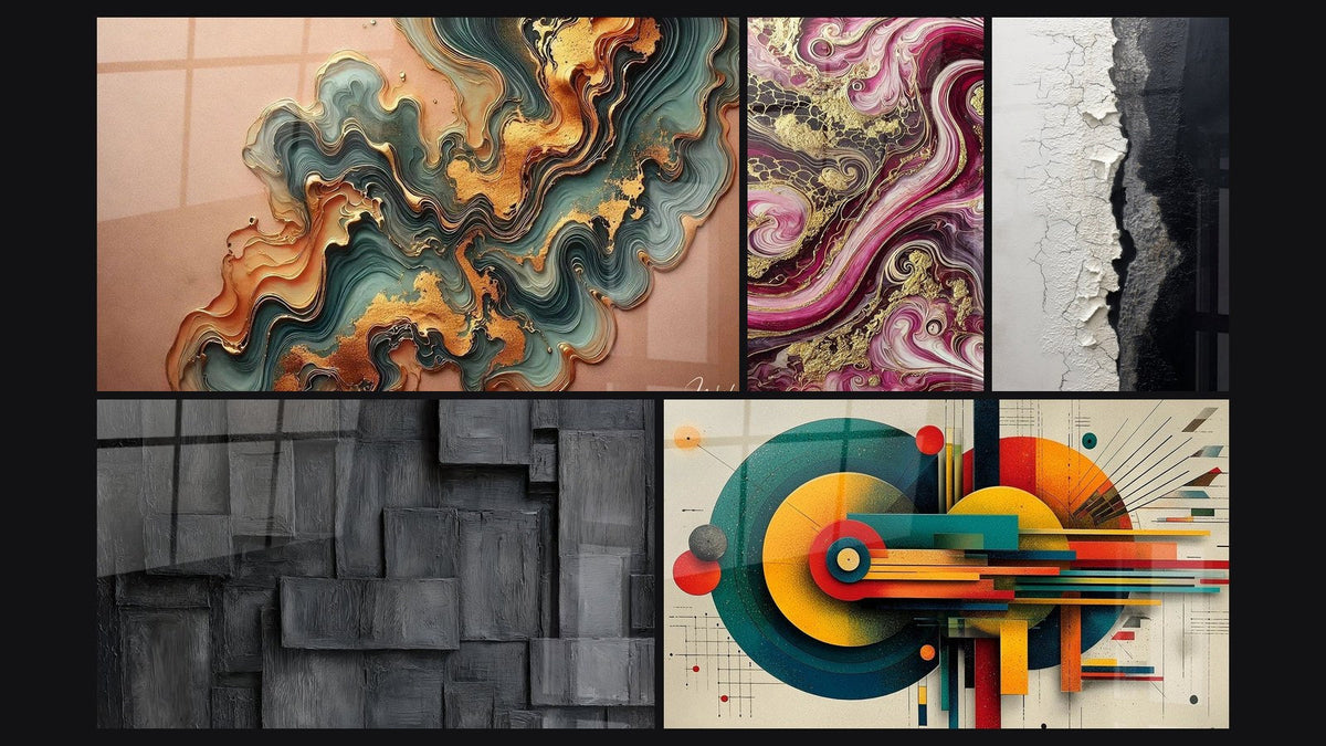 Mosaïque de cinq tableaux, dont Onde Cuivré, Flammes Pourpres et Texture Craquelée Blanc et Noir