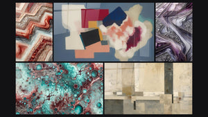 Mosaico de cinco cuadros, entre ellos Fusión Geométrica, Esencia de Granate y Formas geométricas poesía cuadrada