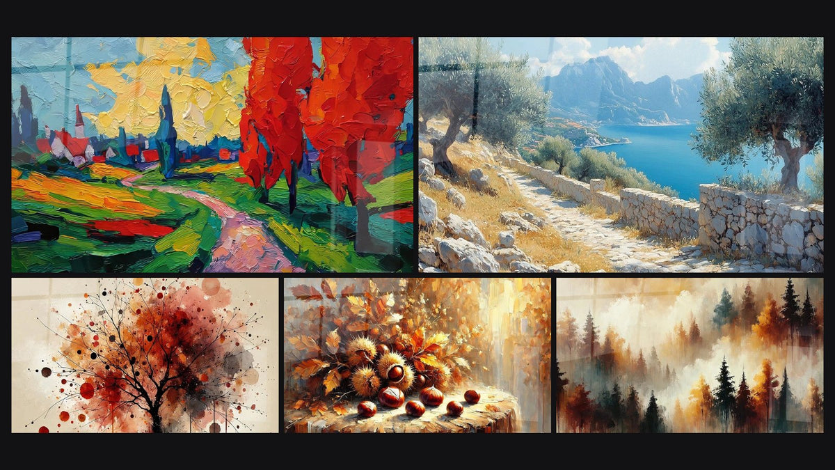 Mosaik aus fünf Gemälden, darunter Farbige ländliche Landschaft, Olivenbaumpfad und Obst der Saison