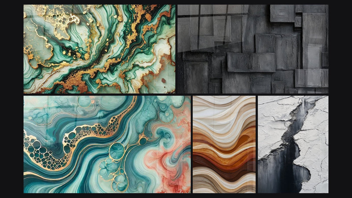 Mosaico di cinque quadri, tra cui Venature Mistiche, Marea di Acquerello e Onde Fluide Terra e Rame