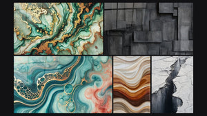 Mosaico de cinco cuadros, entre ellos Mármol Misterioso, Marea de Acuarela y Ondas Fluidas Tierra y Cobre
