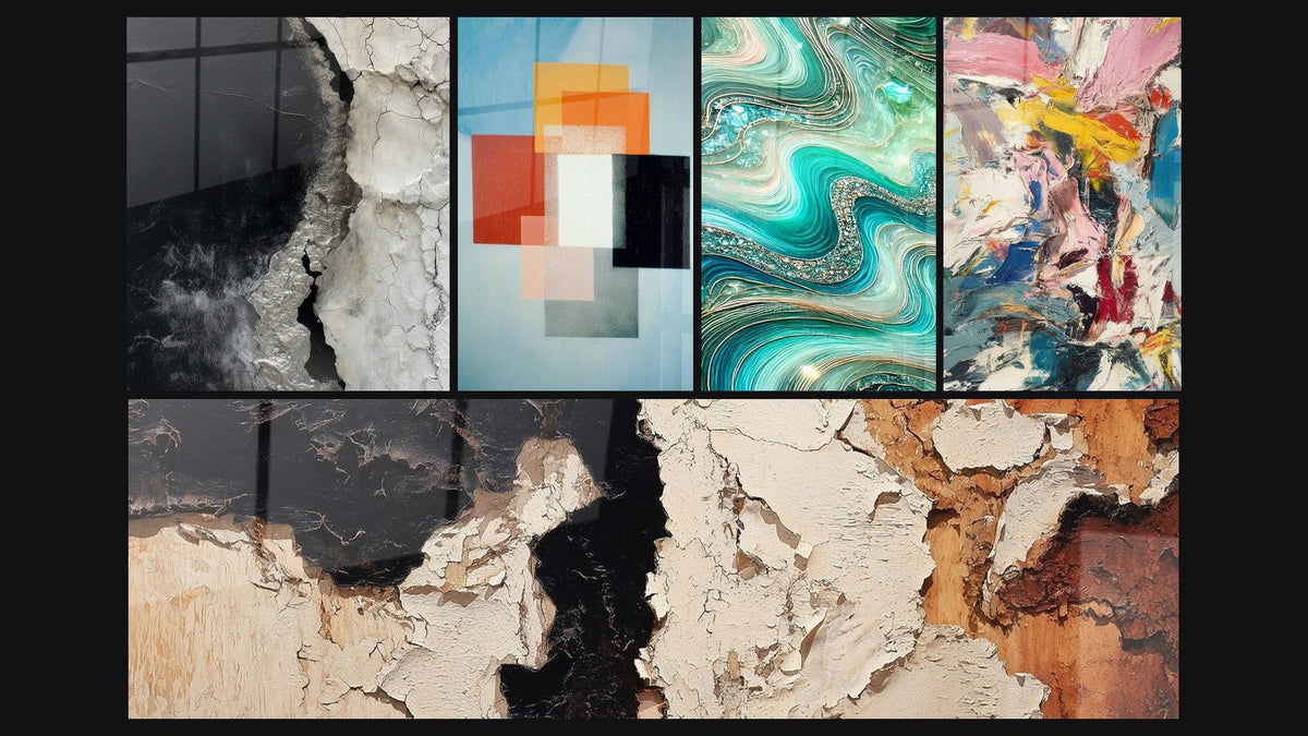 Mosaïque de cinq tableaux, dont Formes Géométriques Contraste Fonctionnel, Vagues Cristallines et Explosion de couleurs