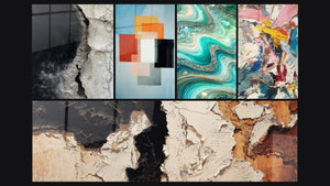 Mosaico de cinco cuadros, entre ellos Formas Geométricas Contraste Funcional, Olas Cristalinas y Explosión de colores