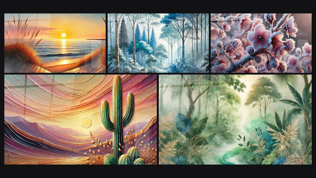 Mosaïque de cinq tableaux, dont Quand le Jour S’endort, Forêt Silencieuse et Crépuscule du Désert