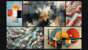 Mosaico de cinco cuadros, entre ellos Formas Geométricas Contraste Funcional, Caos Organizado y Fusión Geométrica