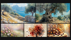 Mosaico de cinco cuadros, entre ellos Sendero de Olivos, Olivo Milenario y Sobre lienzo de campo Nº1