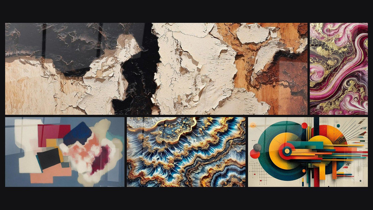 Mosaïque de cinq tableaux, dont Formes géométriques poésie carrée, Flammes Pourpres et Marée Dorée